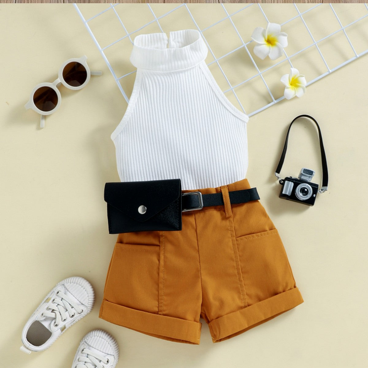 1-6 Yaş Kız Çocuk Beyaz Atlet ve Kemerli Şort Takımı | Yazlık İkili Kombin