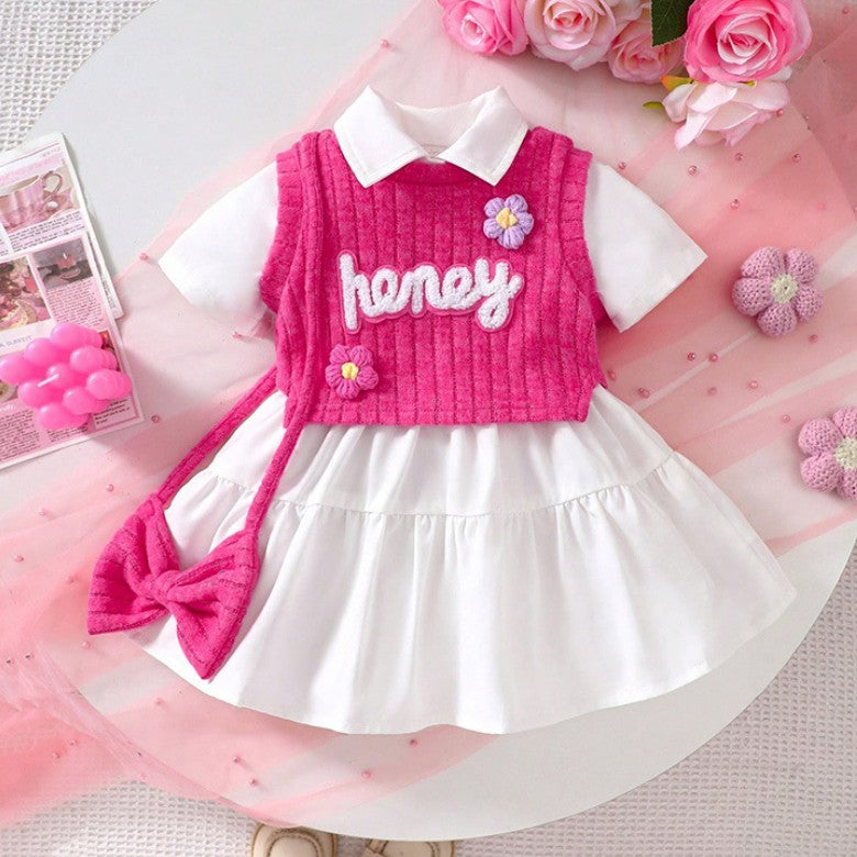 6 Ay - 3 Yaş Kız Çocuk Beyaz Elbise & Pembe "Honey" Yelekli Takım