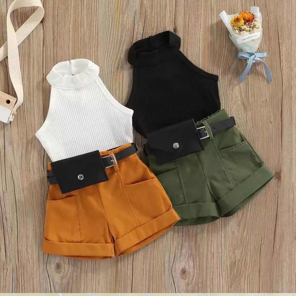 1-6 Yaş Kız Çocuk Beyaz Atlet ve Kemerli Şort Takımı | Yazlık İkili Kombin