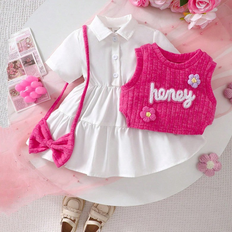 6 Ay - 3 Yaş Kız Çocuk Beyaz Elbise & Pembe "Honey" Yelekli Takım