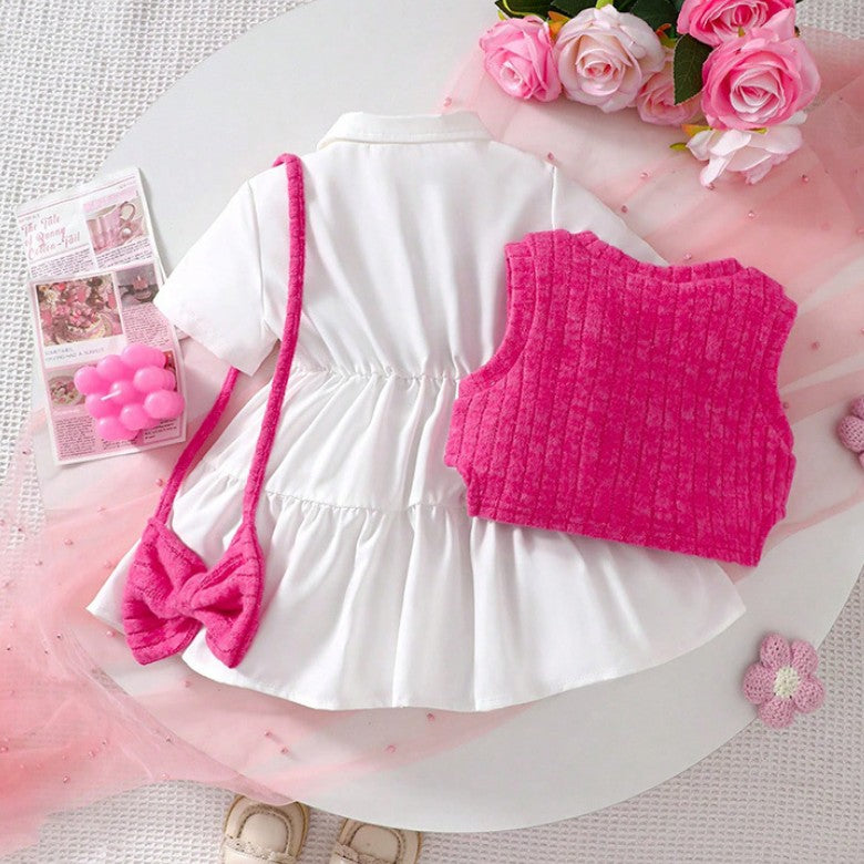 6 Ay - 3 Yaş Kız Çocuk Beyaz Elbise & Pembe "Honey" Yelekli Takım