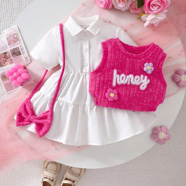 6 Ay - 3 Yaş Kız Çocuk Beyaz Elbise & Pembe "Honey" Yelekli Takım