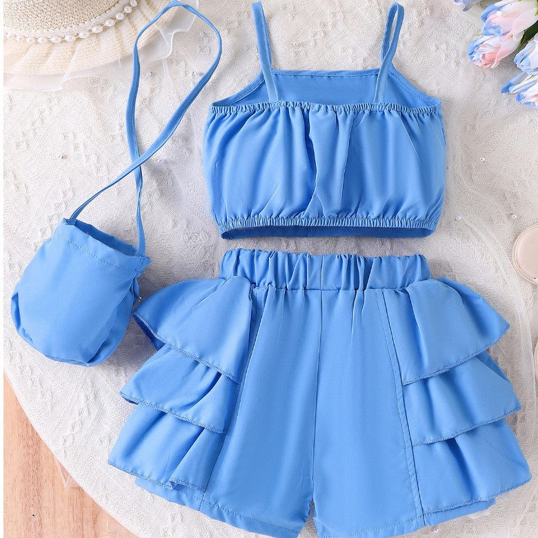 4-7 Yaş Kız Çocuk Mavi İnci Detaylı Şortlu Takım ve Çanta