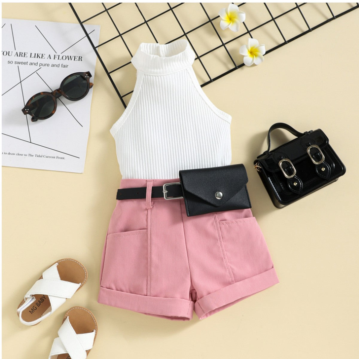 1-5 Yaş Kız Çocuk Beyaz Atlet ve Pembe Şort Takımı | Bel Çantalı Yaz Kombini