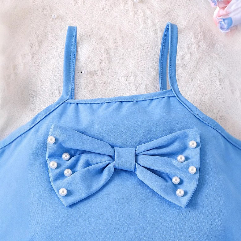 4-7 Yaş Kız Çocuk Mavi İnci Detaylı Şortlu Takım ve Çanta