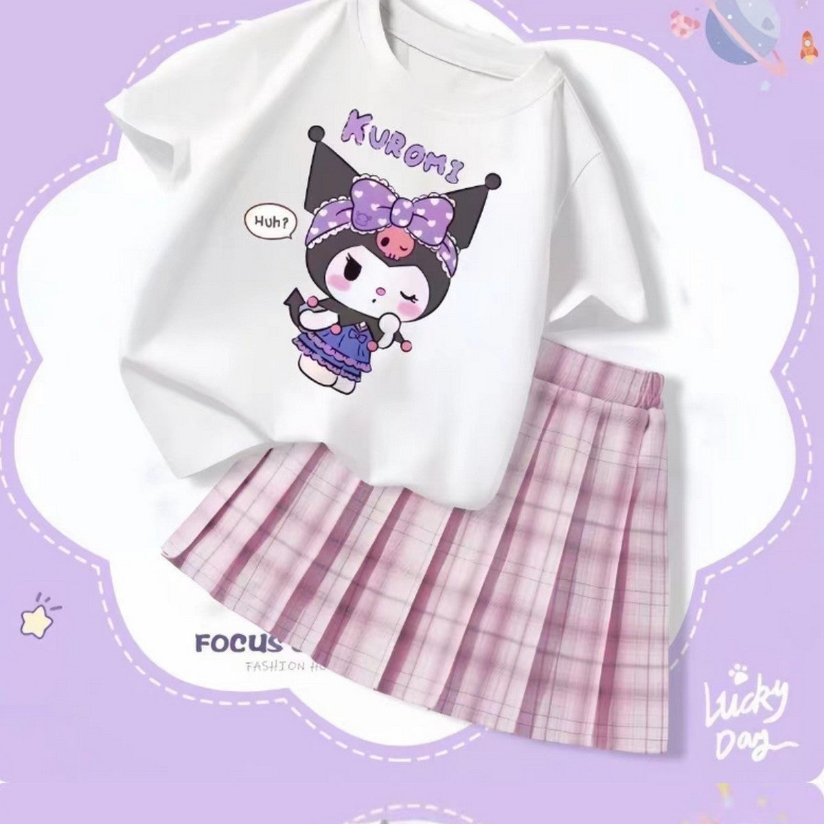 1-6 Yaş Kuromi Baskılı Tişört ve Pembe Pileli Etek Takımı – Kız