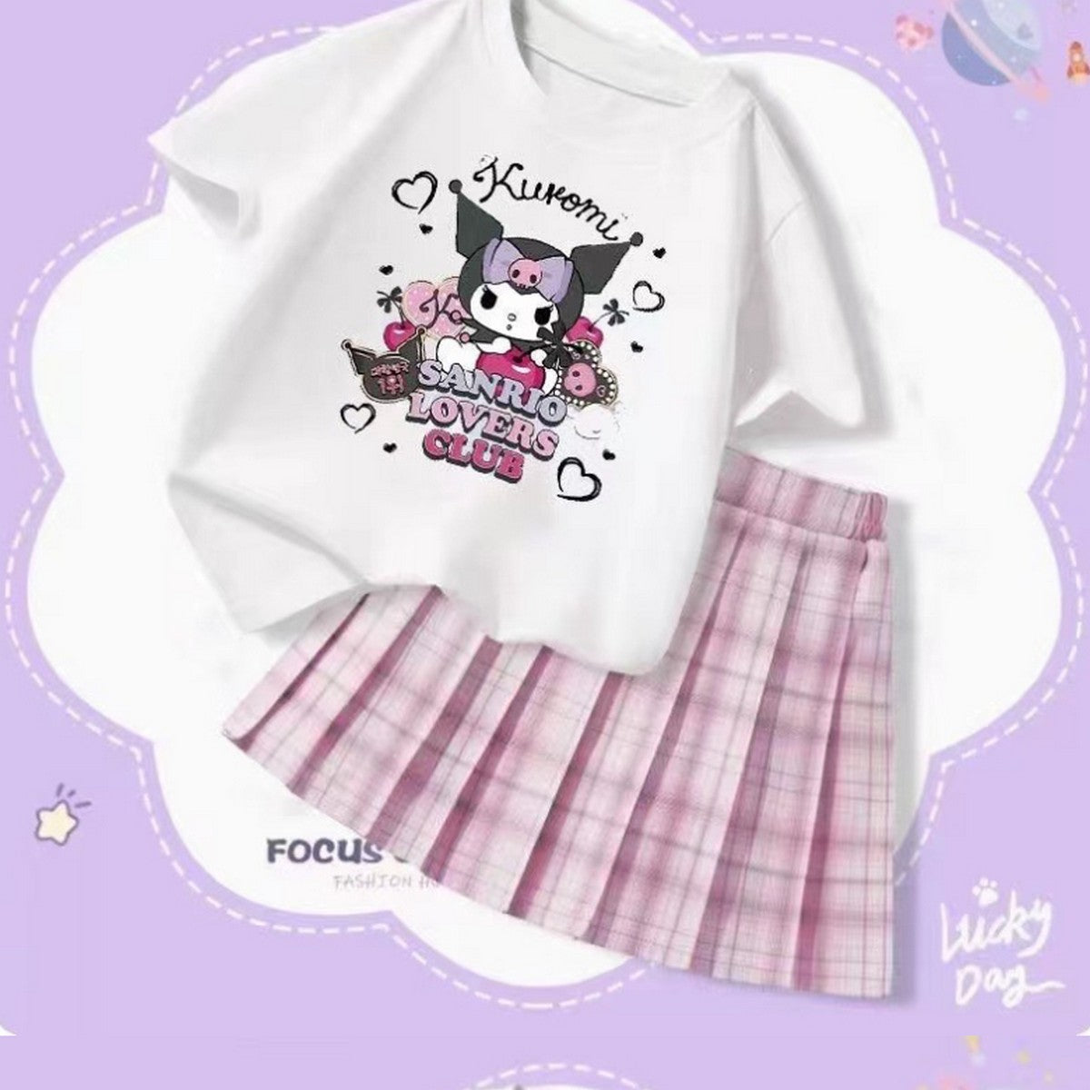 1-6 Yaş Kuromi Baskılı Tişört ve Pembe Pileli Etek Takımı – Kız