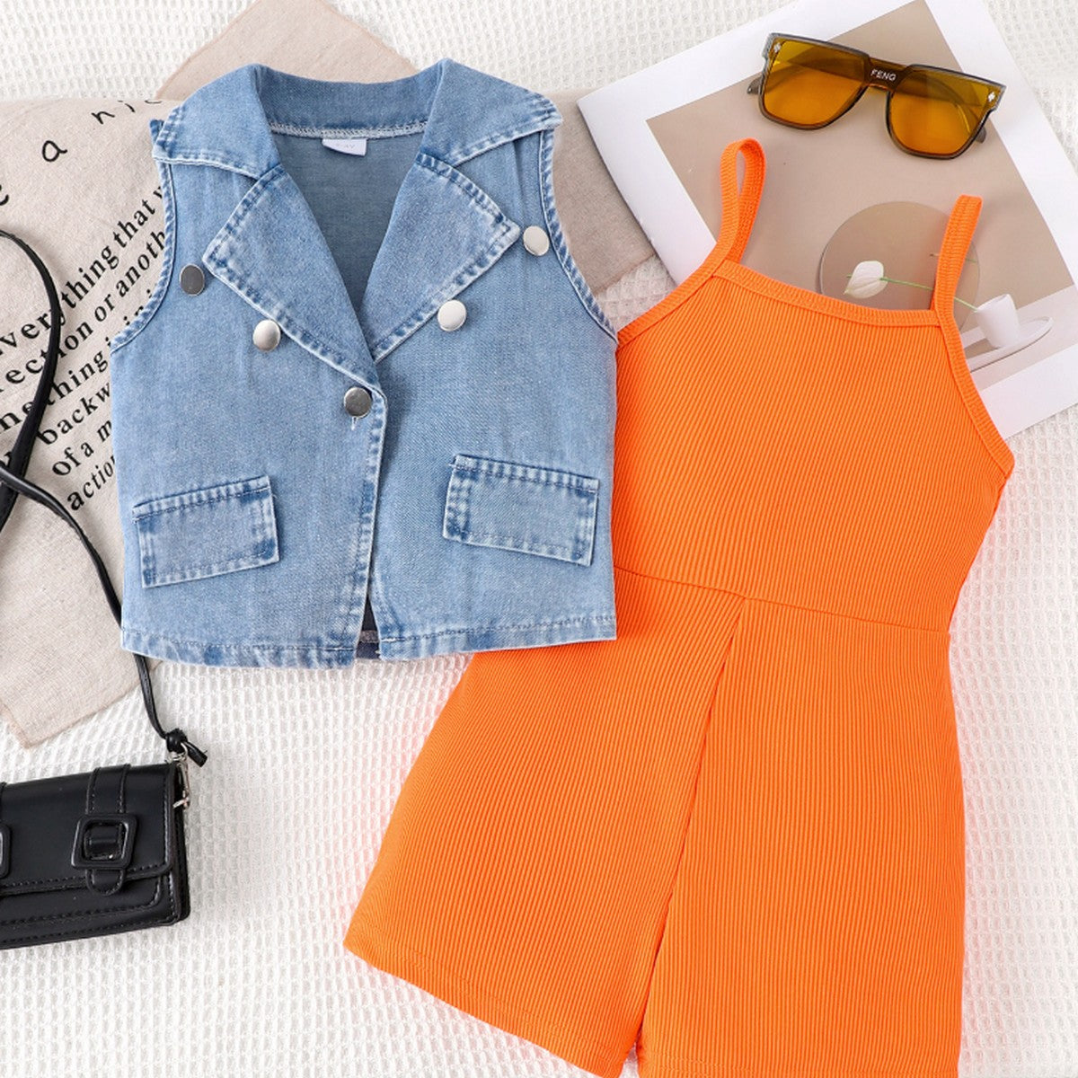 1-7 Yaş Kız Çocuk Kot Yelekli Turuncu Tulum Takımı | Yazlık Enerjik Kombin