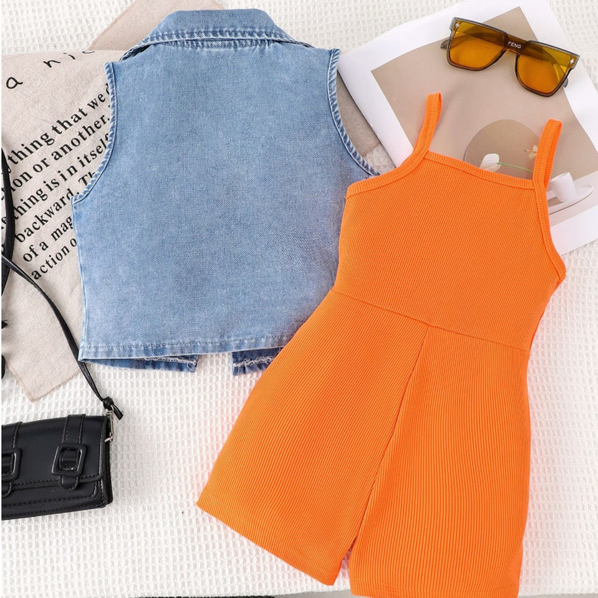 1-7 Yaş Kız Çocuk Kot Yelekli Turuncu Tulum Takımı | Yazlık Enerjik Kombin