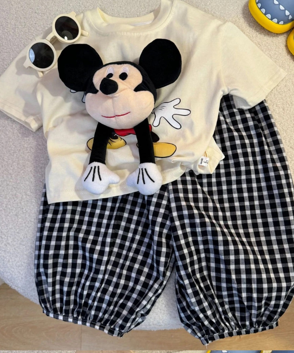1-6 Yaş 3D Mickey Figürlü Tişört ve Ekose Şort Takımı – Unisex