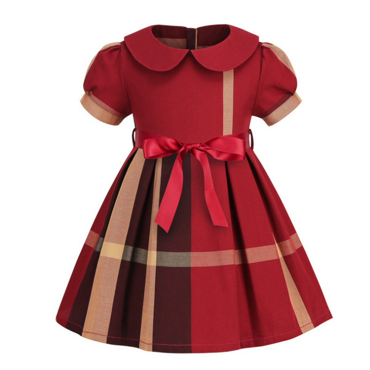 1-7 Yaş Kırmızı Fiyonk Detaylı Ekose Kız Çocuk Elbise