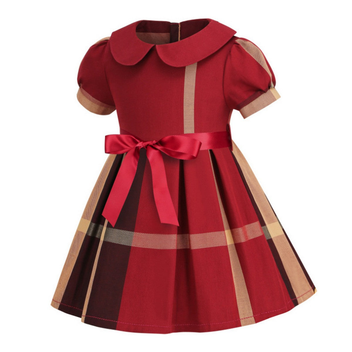 1-7 Yaş Kırmızı Fiyonk Detaylı Ekose Kız Çocuk Elbise