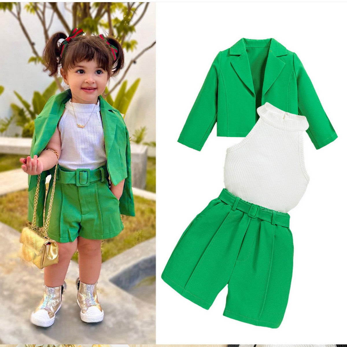 4-7 Yaş Kız Çocuk Yeşil Şortlu Takım | Ceketli Yazlık Kombin