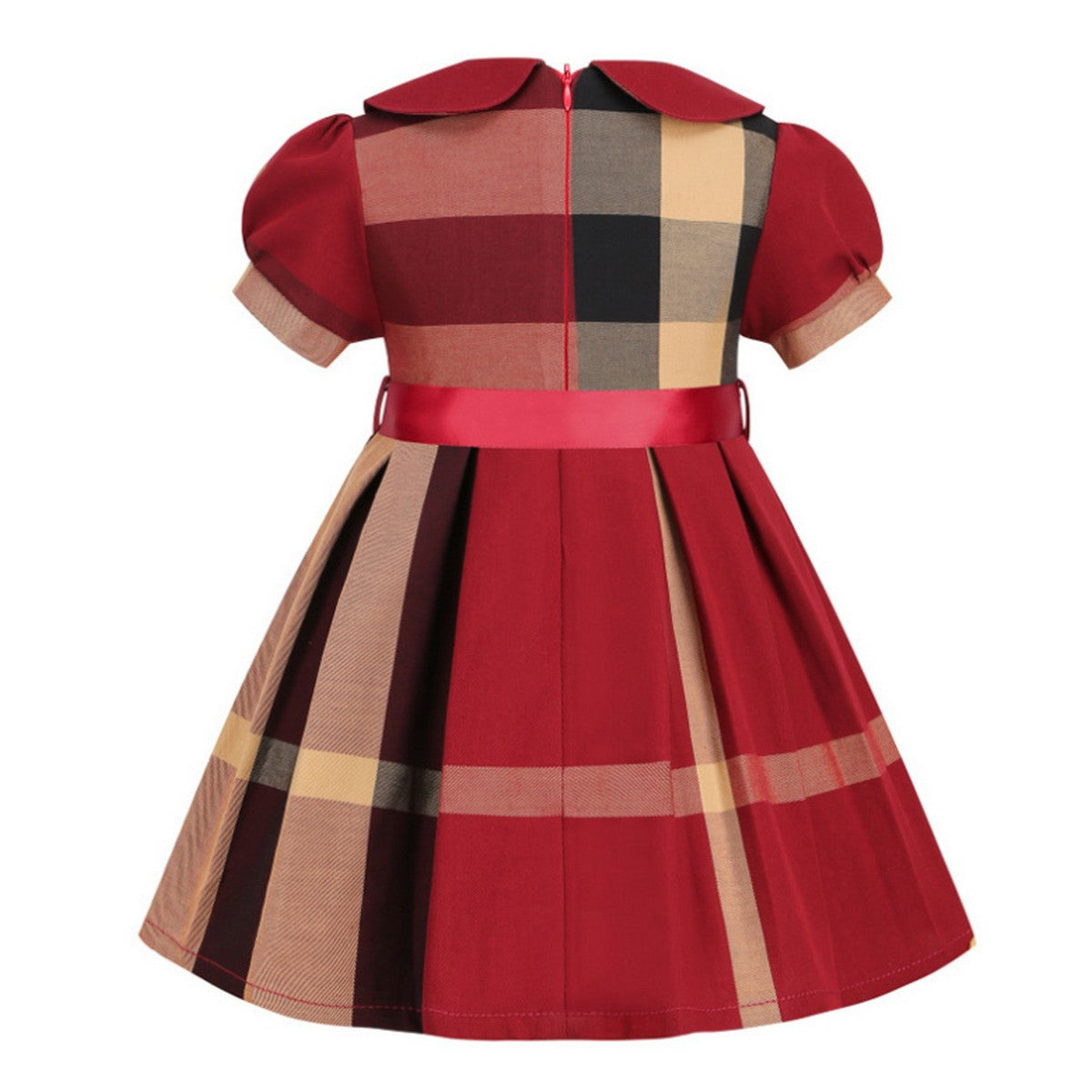 1-7 Yaş Kırmızı Fiyonk Detaylı Ekose Kız Çocuk Elbise