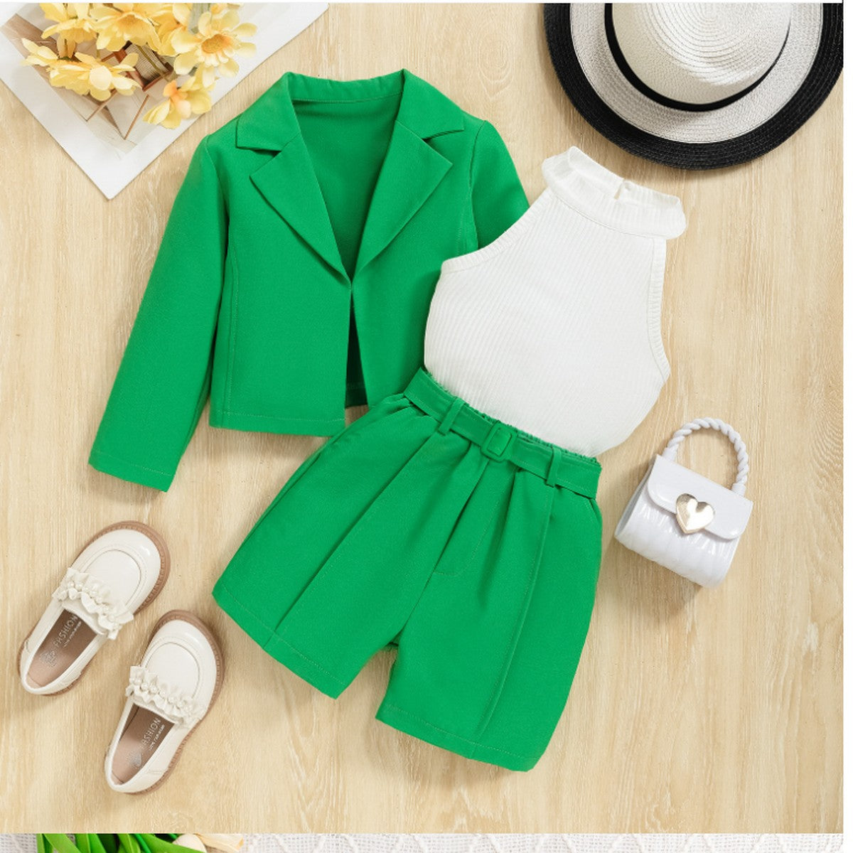 4-7 Yaş Kız Çocuk Yeşil Şortlu Takım | Ceketli Yazlık Kombin