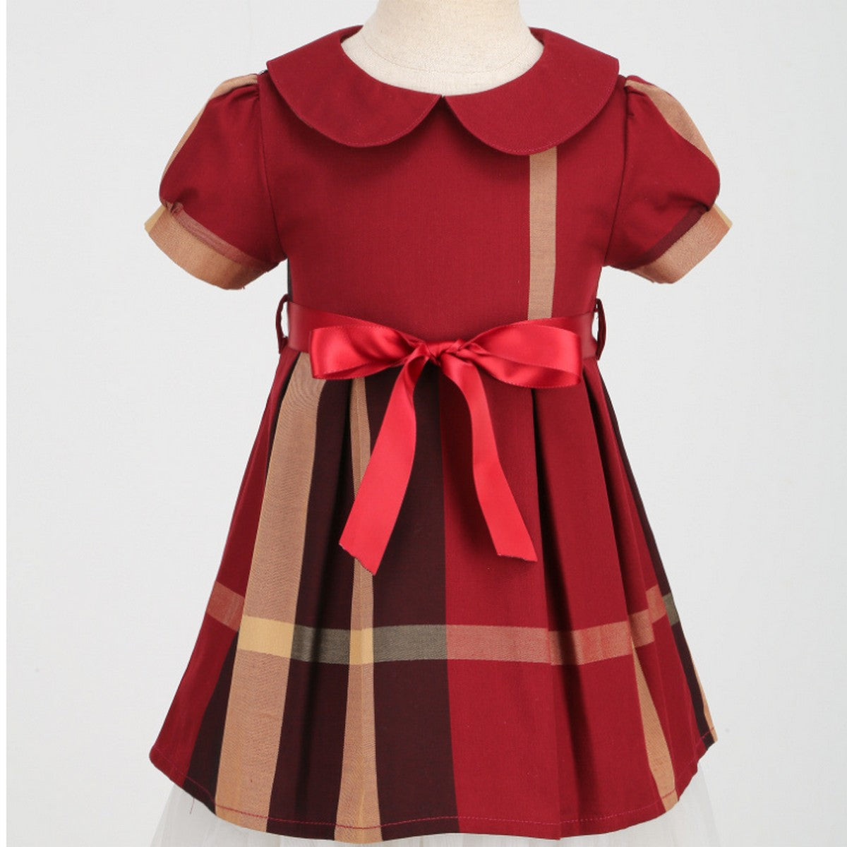 1-7 Yaş Kırmızı Fiyonk Detaylı Ekose Kız Çocuk Elbise