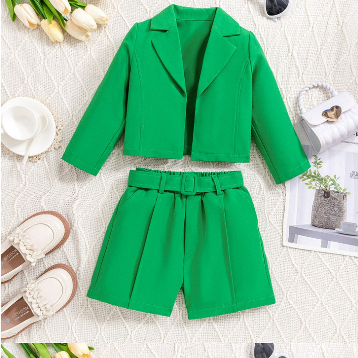 4-7 Yaş Kız Çocuk Yeşil Şortlu Takım | Ceketli Yazlık Kombin