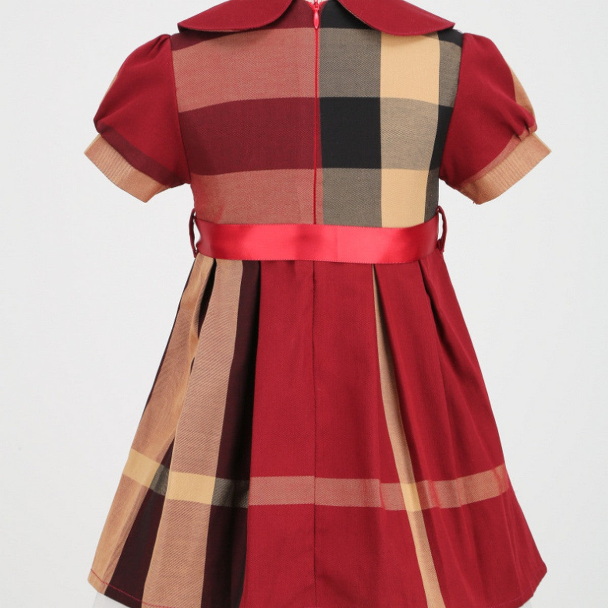 1-7 Yaş Kırmızı Fiyonk Detaylı Ekose Kız Çocuk Elbise