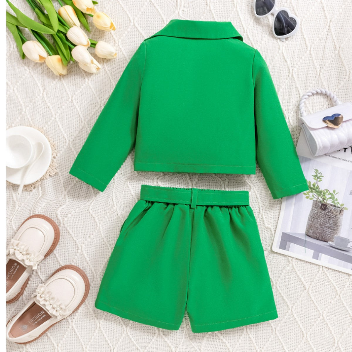 4-7 Yaş Kız Çocuk Yeşil Şortlu Takım | Ceketli Yazlık Kombin