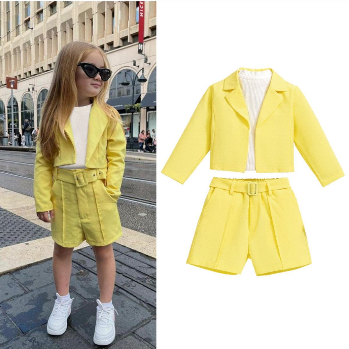 4-7 Yaş Kız Çocuk Sarı Şortlu Takım | Ceketli Yazlık Kombin