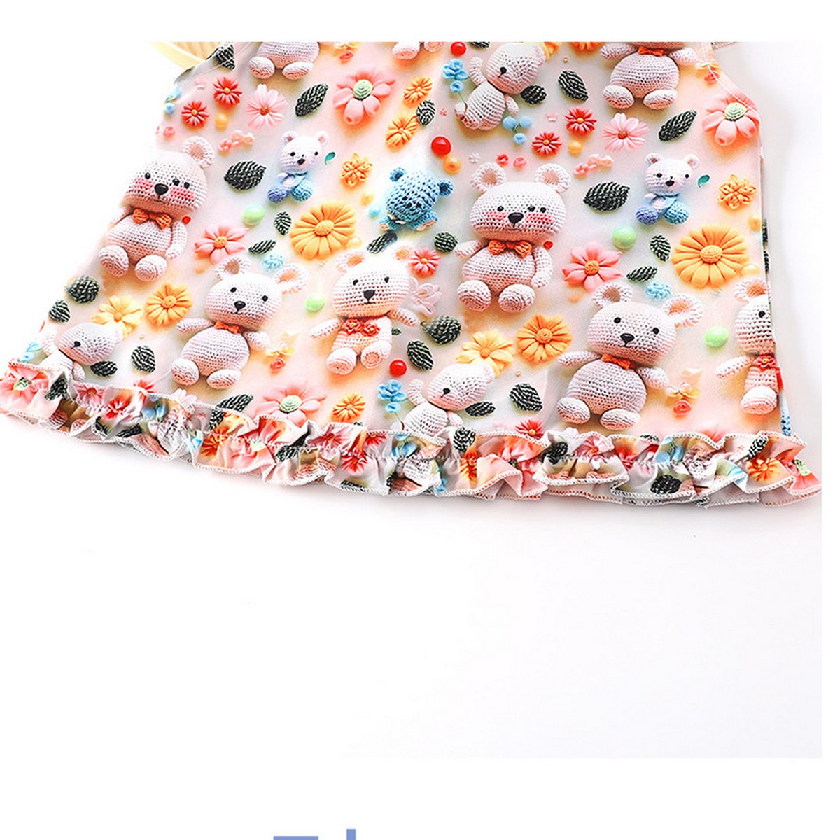 1-6 Yaş 3D Ayıcık ve Çiçek Baskılı Fırfırlı Şort Takımı – Kız