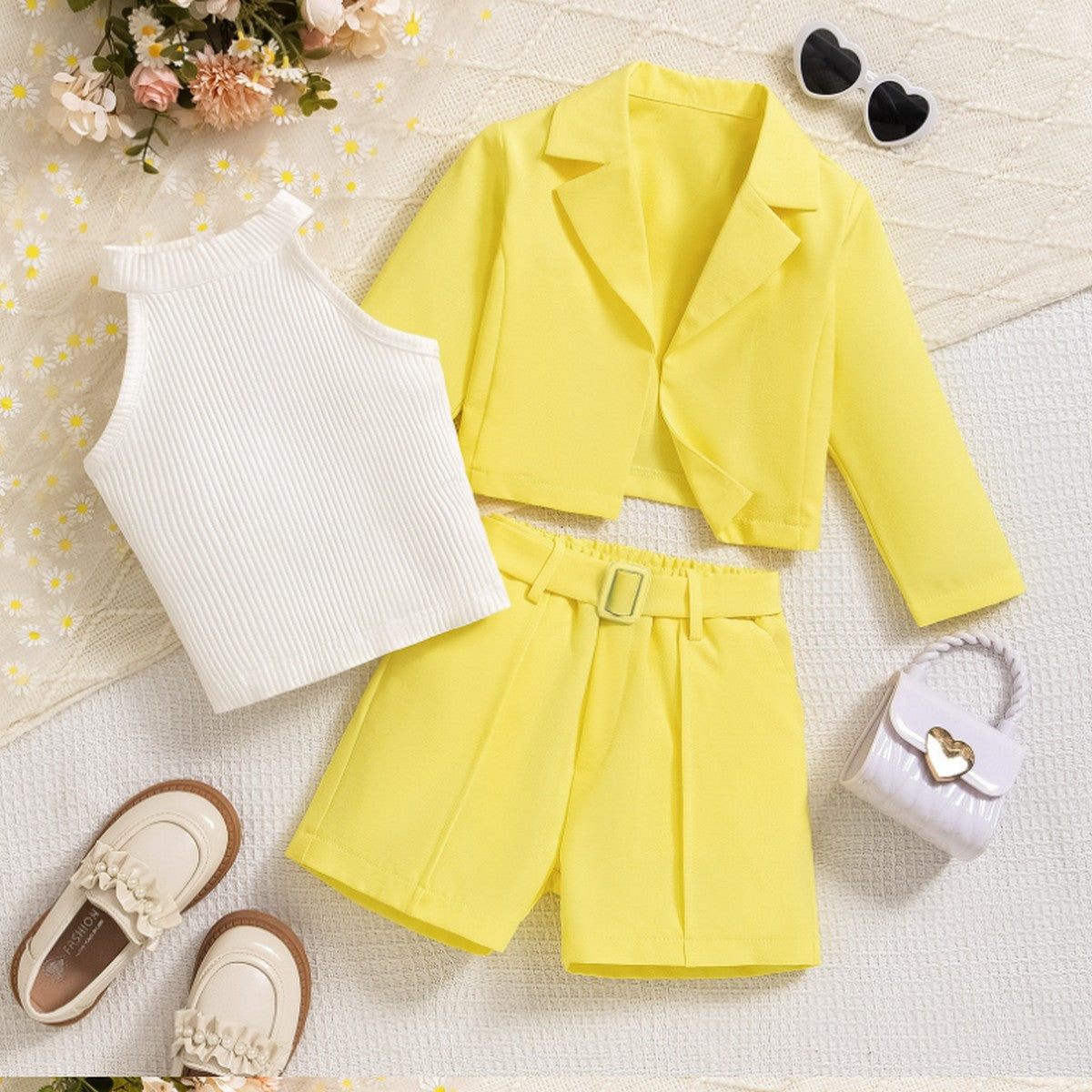 4-7 Yaş Kız Çocuk Sarı Şortlu Takım | Ceketli Yazlık Kombin