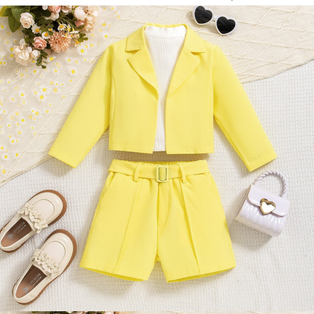 4-7 Yaş Kız Çocuk Sarı Şortlu Takım | Ceketli Yazlık Kombin