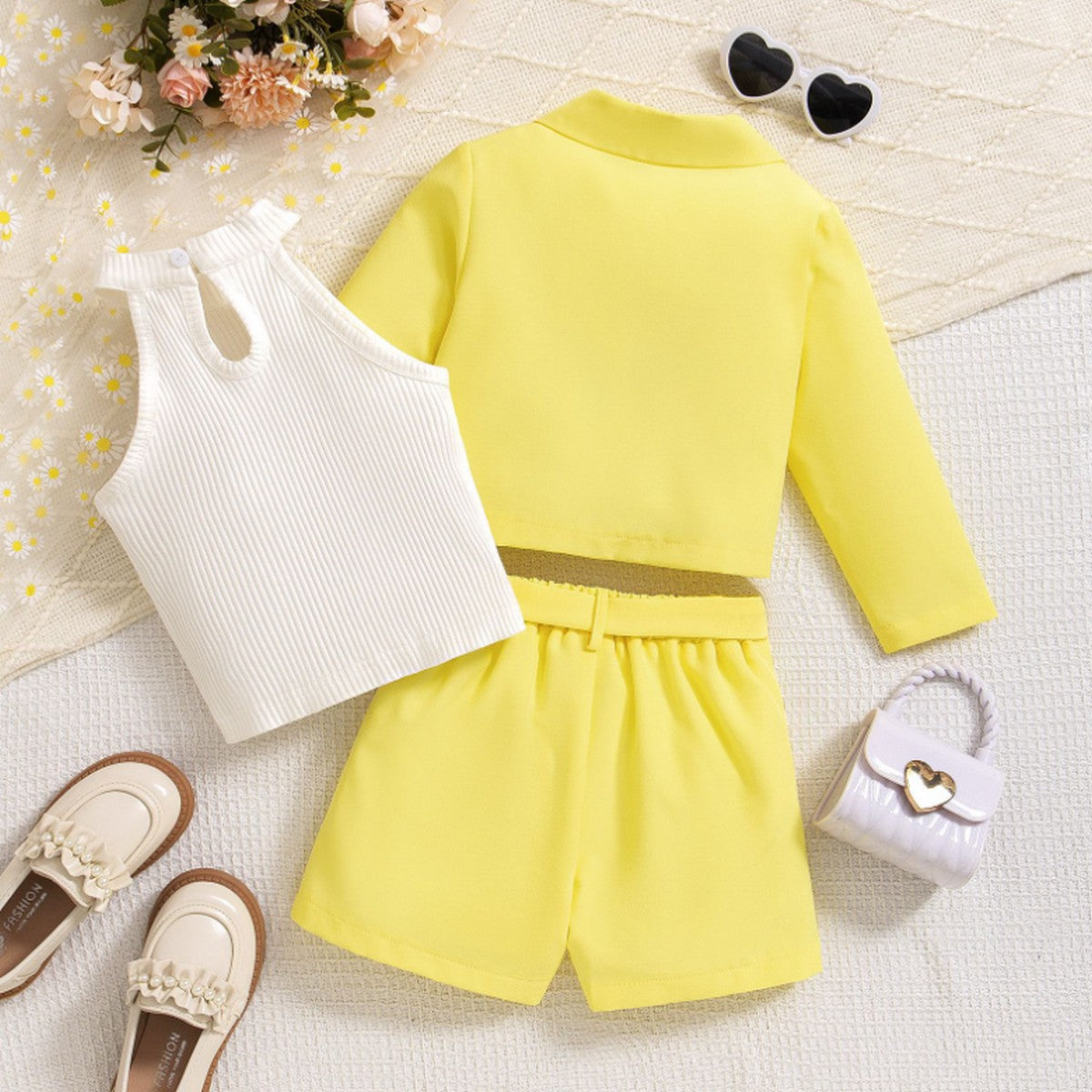 4-7 Yaş Kız Çocuk Sarı Şortlu Takım | Ceketli Yazlık Kombin