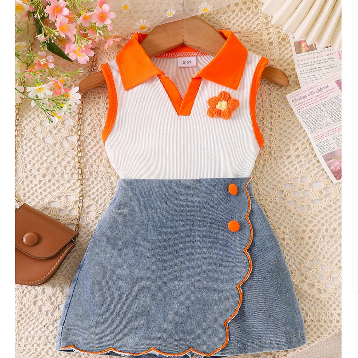 1-7 Yaş Kız Çocuk Kot Etekli Takım | Turuncu Polo Yaka Yazlık Model