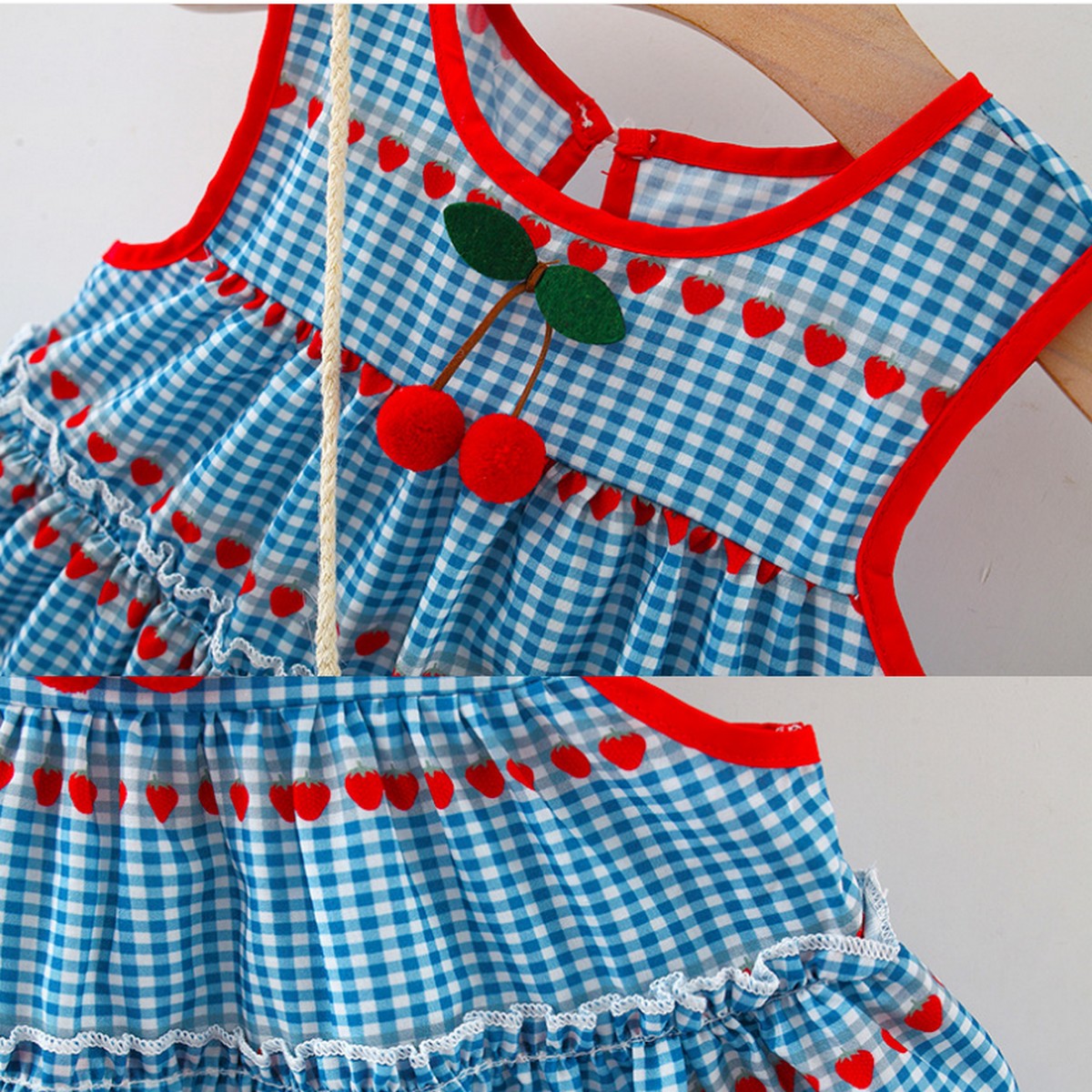 10 Ay – 4 Yaş Kiraz Desenli Mavi Ekose Elbise ve Çanta Takımı – Kız