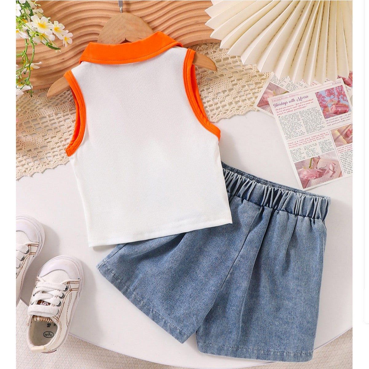 1-7 Yaş Kız Çocuk Kot Etekli Takım | Turuncu Polo Yaka Yazlık Model