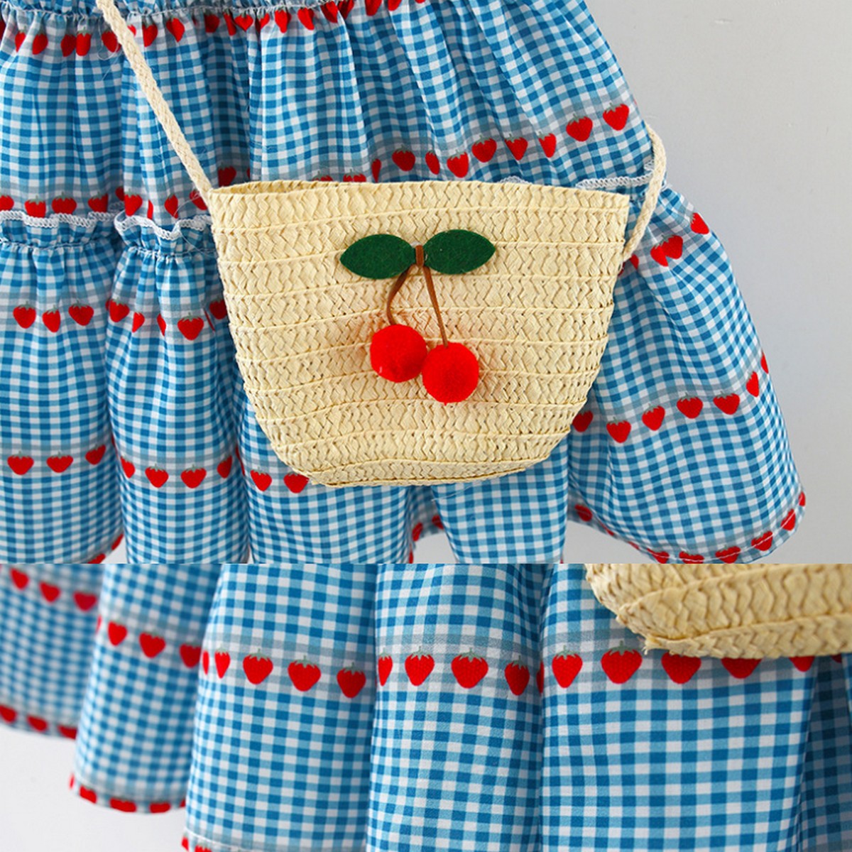 10 Ay – 4 Yaş Kiraz Desenli Mavi Ekose Elbise ve Çanta Takımı – Kız