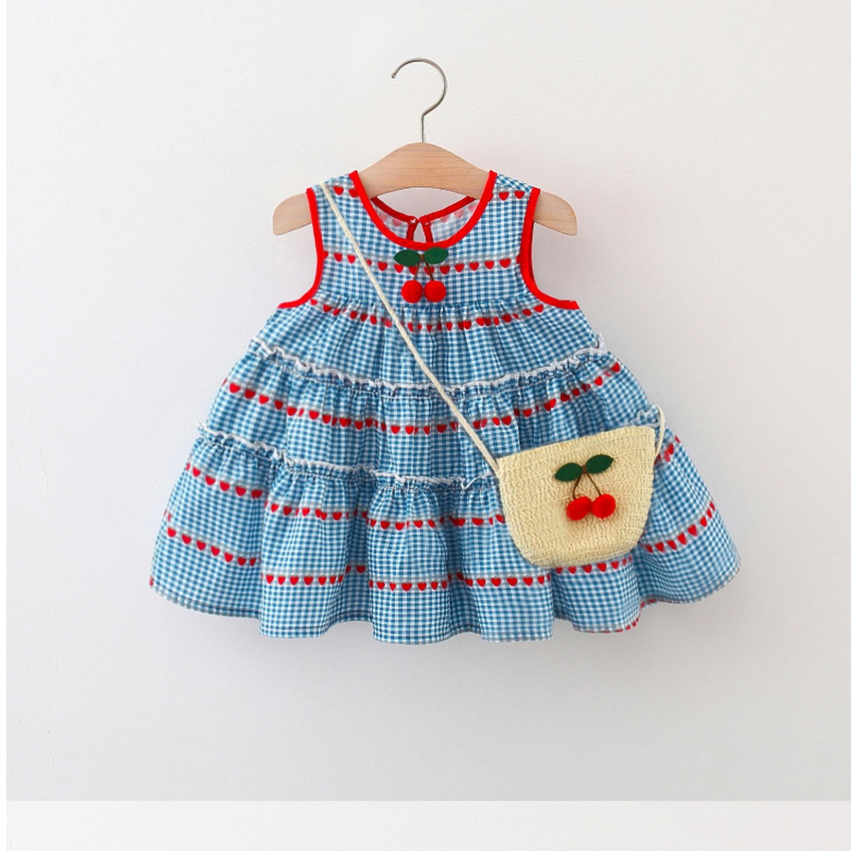 10 Ay – 4 Yaş Kiraz Desenli Mavi Ekose Elbise ve Çanta Takımı – Kız