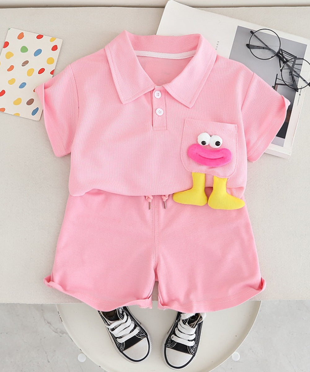 1-6 Yaş Pembe Cebinde Figürlü Polo Yaka Şort Takımı – Unisex