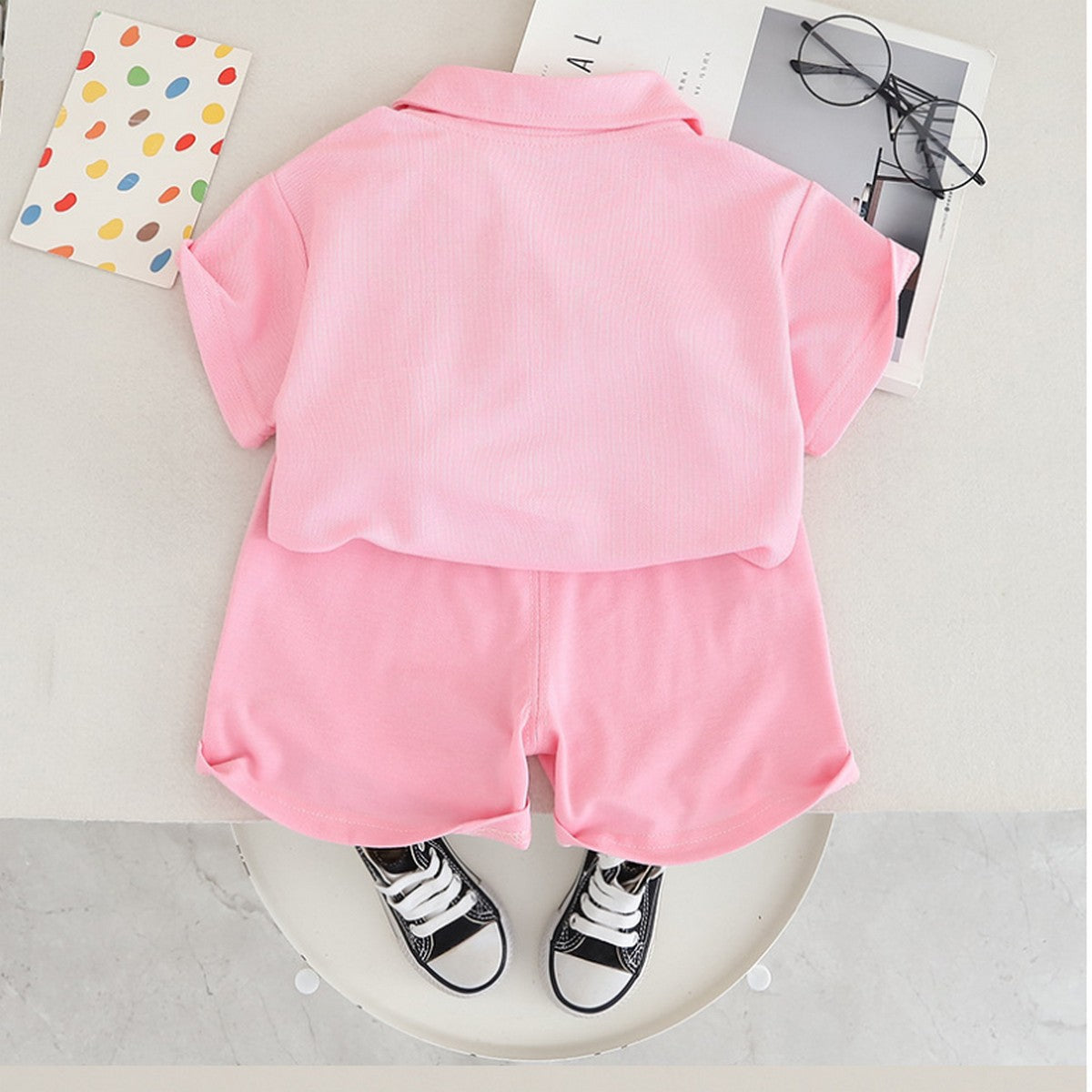 1-6 Yaş Pembe Cebinde Figürlü Polo Yaka Şort Takımı – Unisex