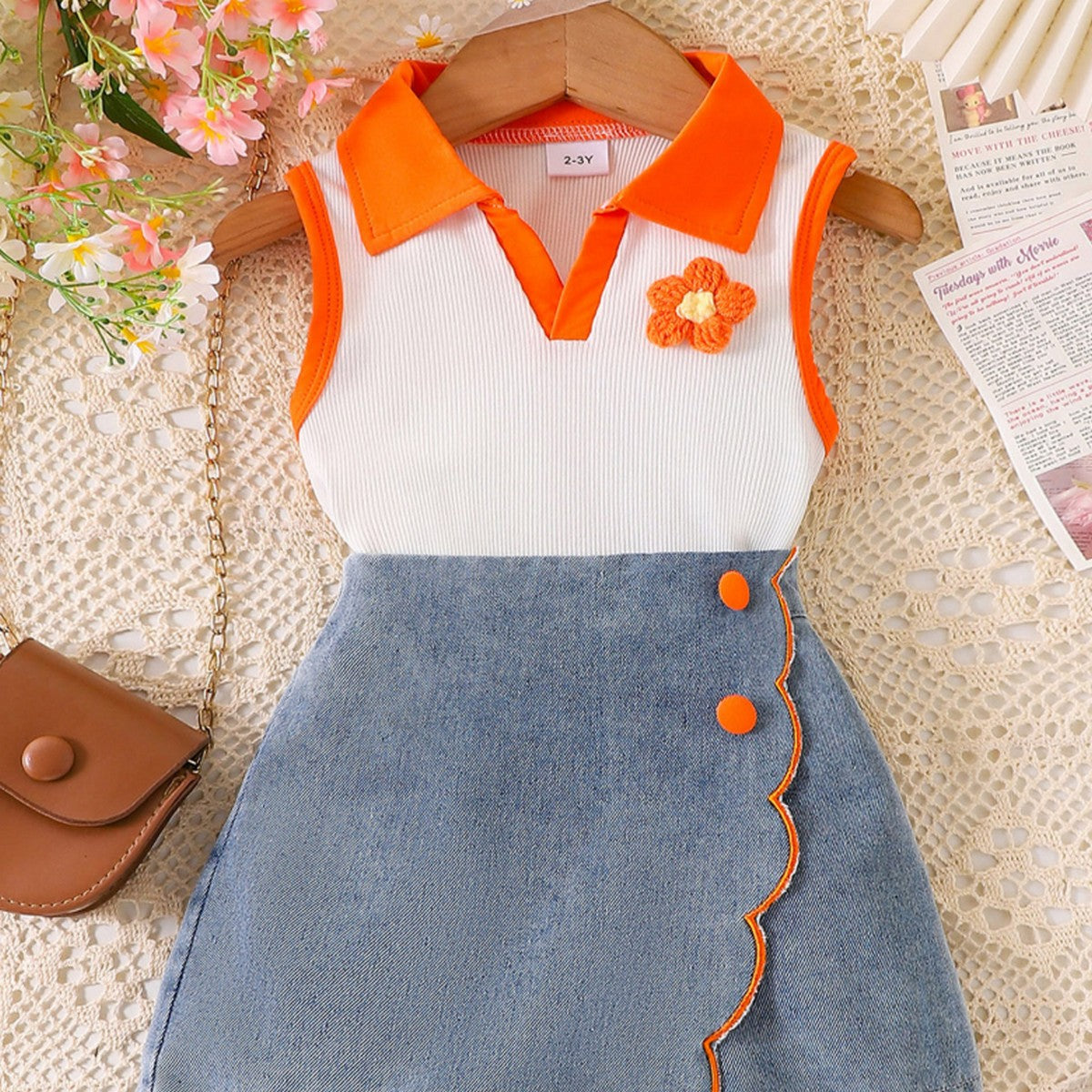 1-7 yaş kız çocuk yazlık kot etekli takım, turuncu polo yaka üst ile
