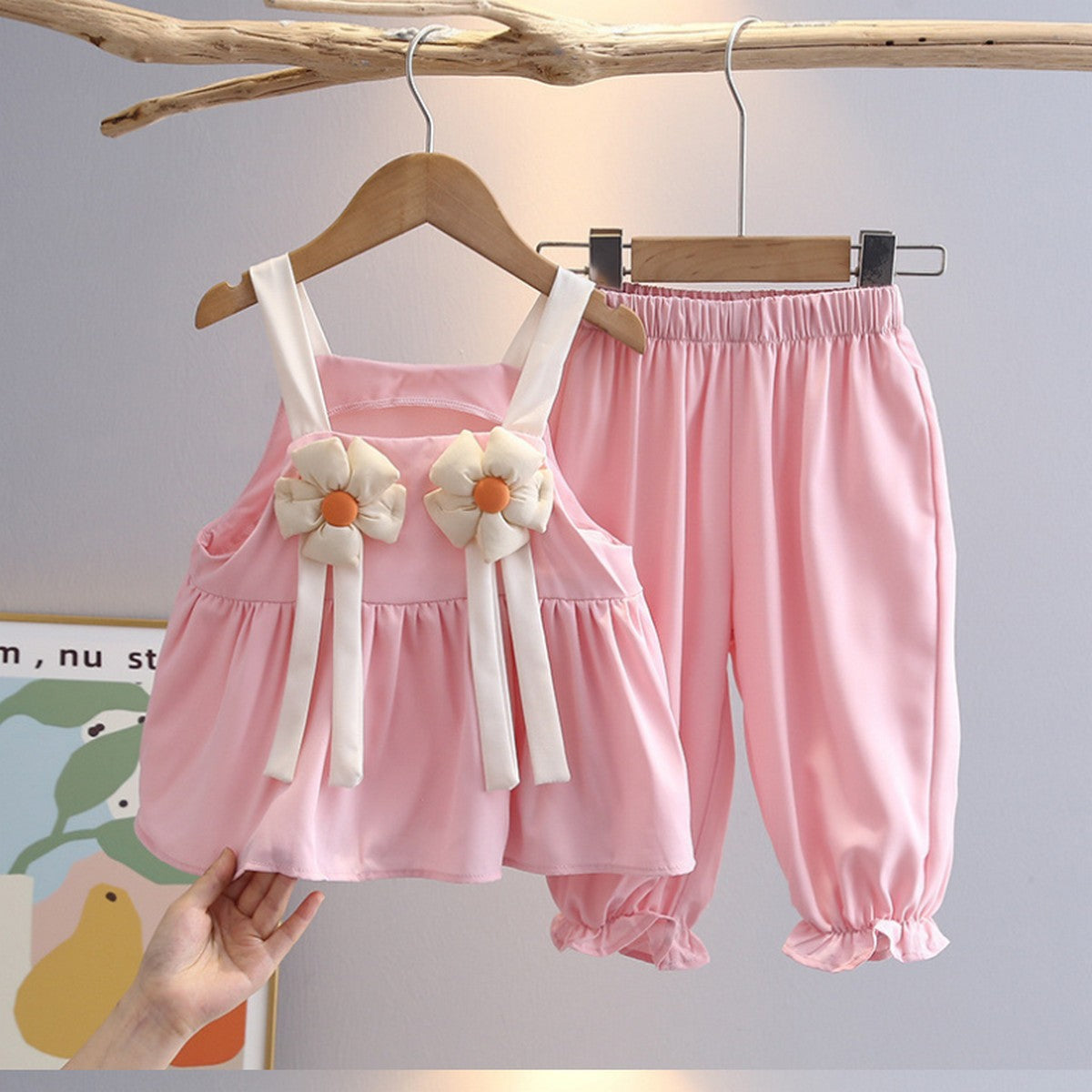 1-7 Yaş Pembe Askılı Çiçek Detaylı Takım | Yazlık Kız Çocuk Kombin