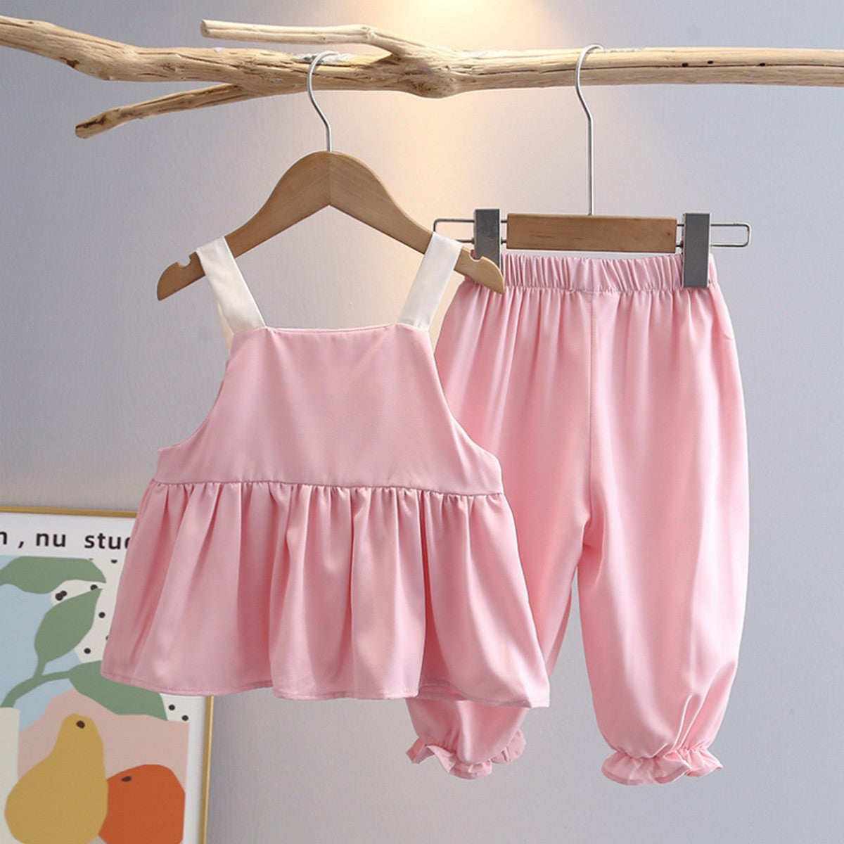 1-7 Yaş Pembe Askılı Çiçek Detaylı Takım | Yazlık Kız Çocuk Kombin