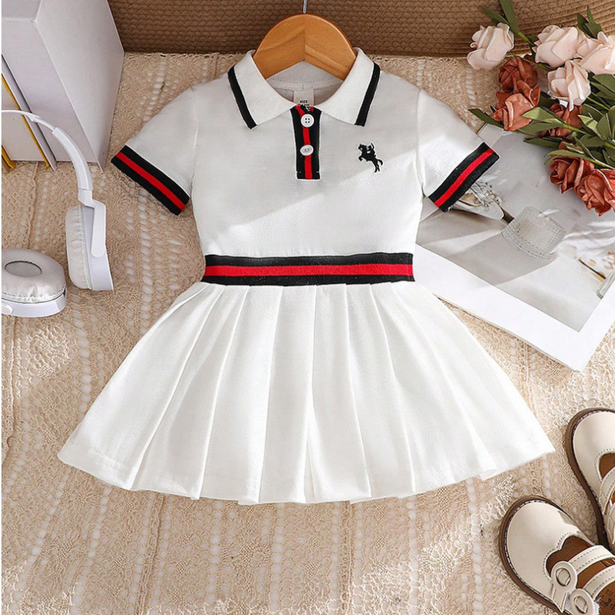 10 Ay – 3 Yaş Kız Çocuk Polo Yaka Beyaz Elbise | Spor Şık Yazlık Model