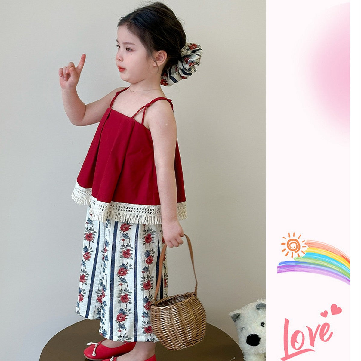 1-7 Yaş Kız Çocuk Kırmızı Askılı Takım | Etnik Desenli Yazlık Kombin