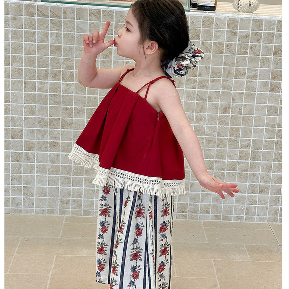 1-7 Yaş Kız Çocuk Kırmızı Askılı Takım | Etnik Desenli Yazlık Kombin