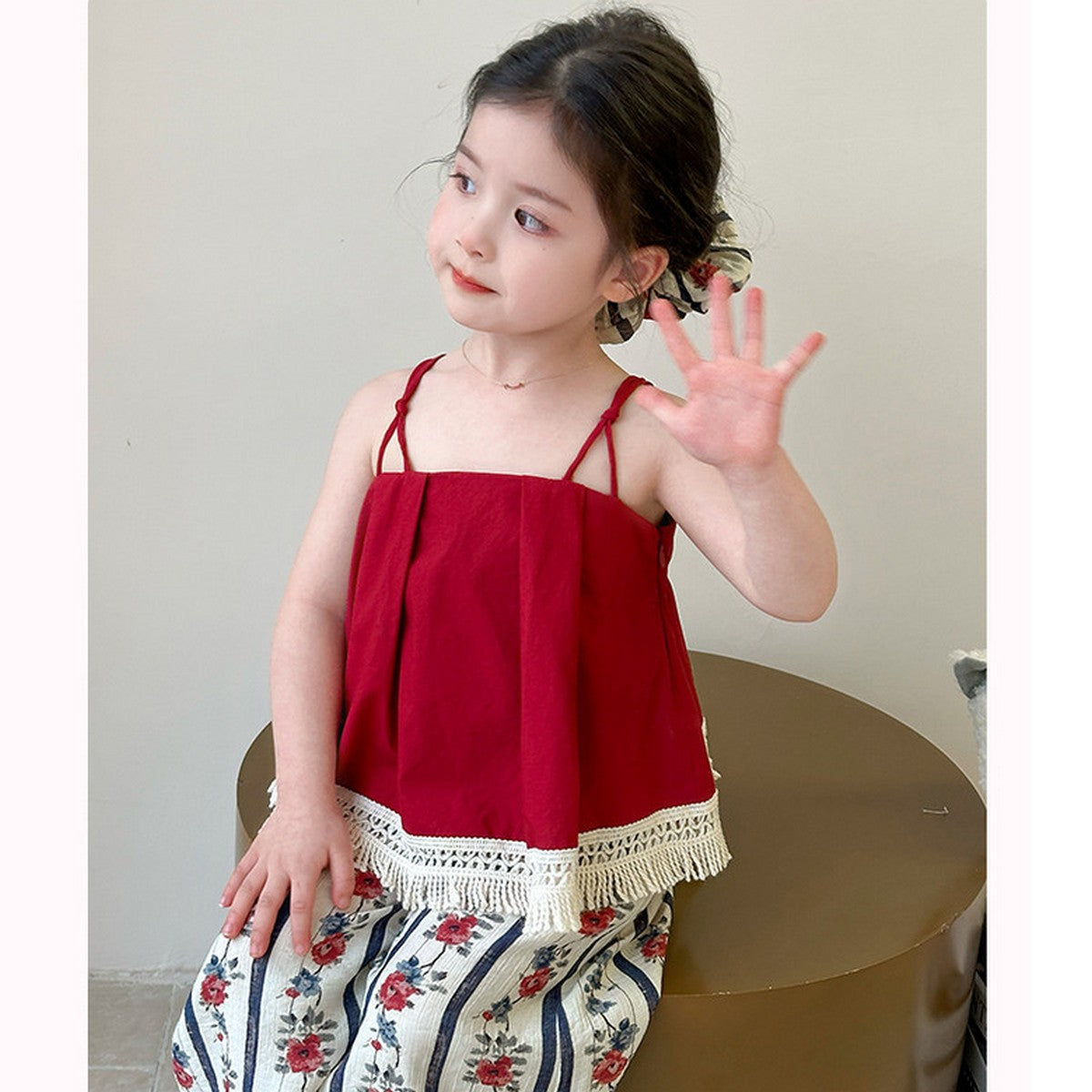 1-7 Yaş Kız Çocuk Kırmızı Askılı Takım | Etnik Desenli Yazlık Kombin