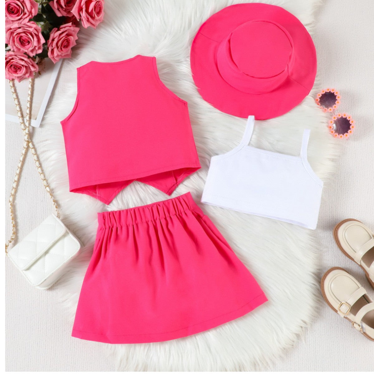 1-6 Yaş Kız Çocuk Fuşya 4'lü Takım | Şapka Yelek Etek Crop Kombin