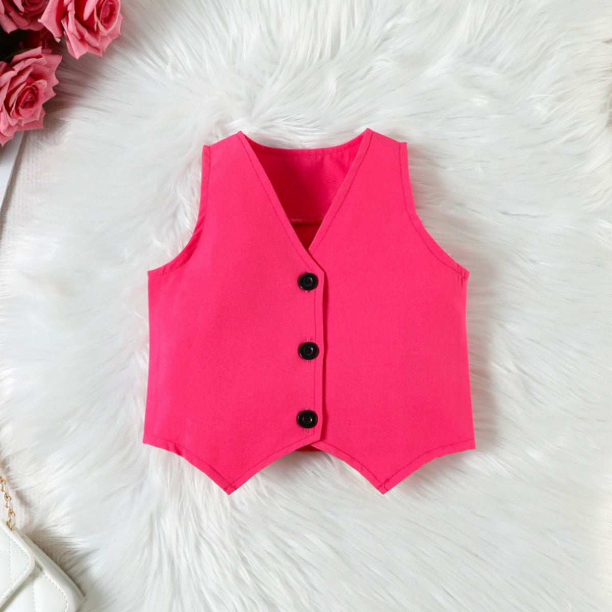 1-6 Yaş Kız Çocuk Fuşya 4'lü Takım | Şapka Yelek Etek Crop Kombin