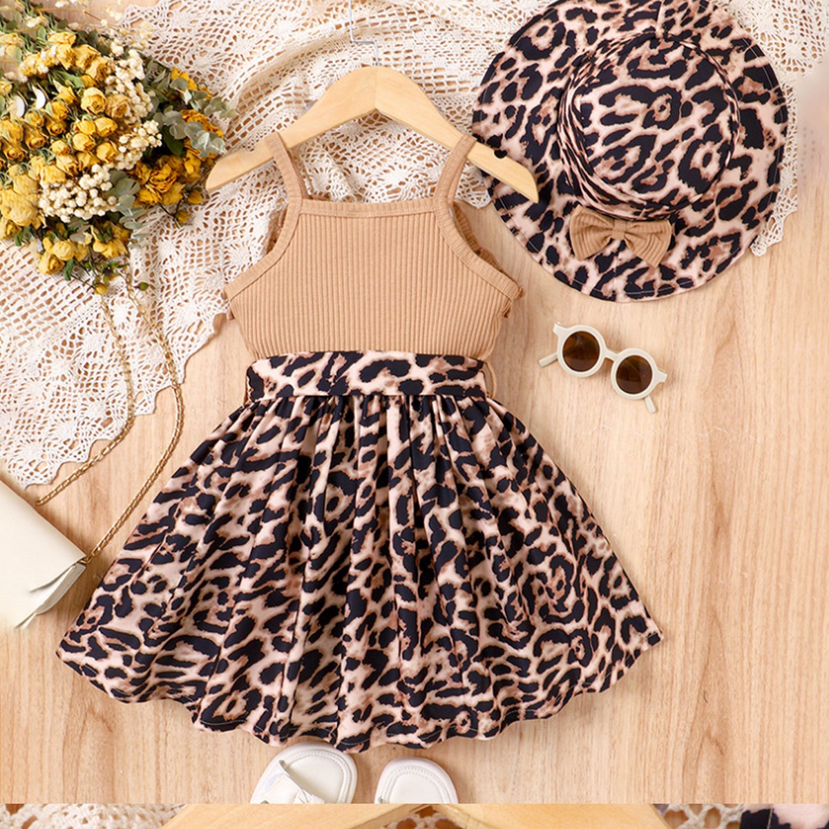 1-6 Yaş Kız Çocuk Leopar Elbise Takımı | Askılı Şapkalı Yazlık Kombin