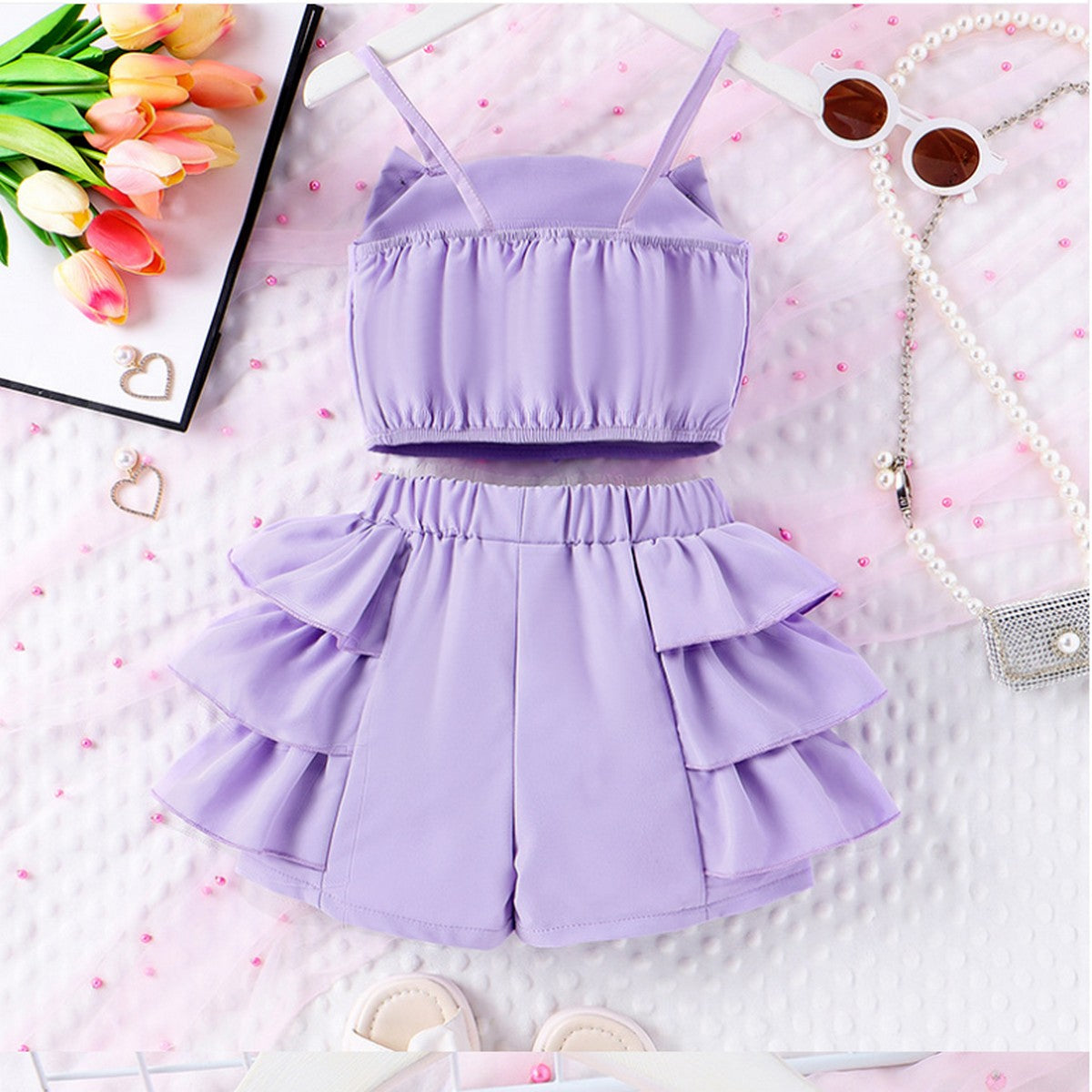 4-7 Yaş Kız Çocuk Lila İnci Detaylı Yazlık Takım | Fırfırlı Crop Şort