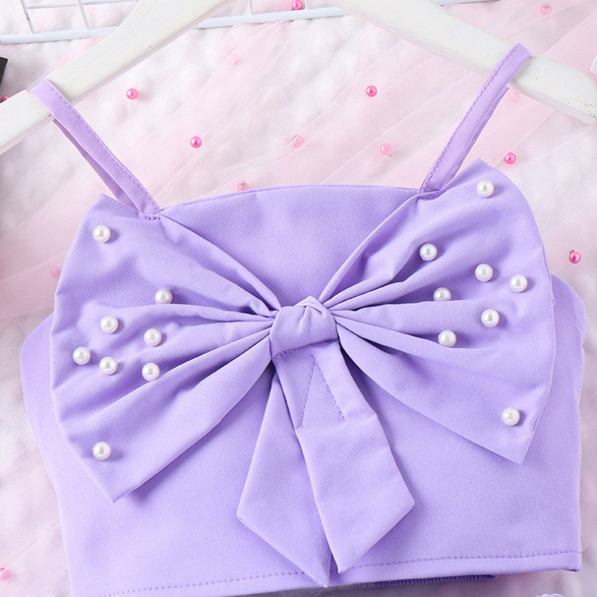 4-7 Yaş Kız Çocuk Lila İnci Detaylı Yazlık Takım | Fırfırlı Crop Şort