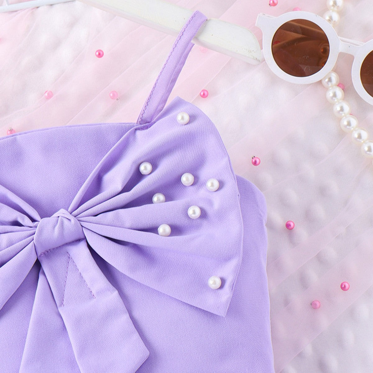 4-7 Yaş Kız Çocuk Lila İnci Detaylı Yazlık Takım | Fırfırlı Crop Şort