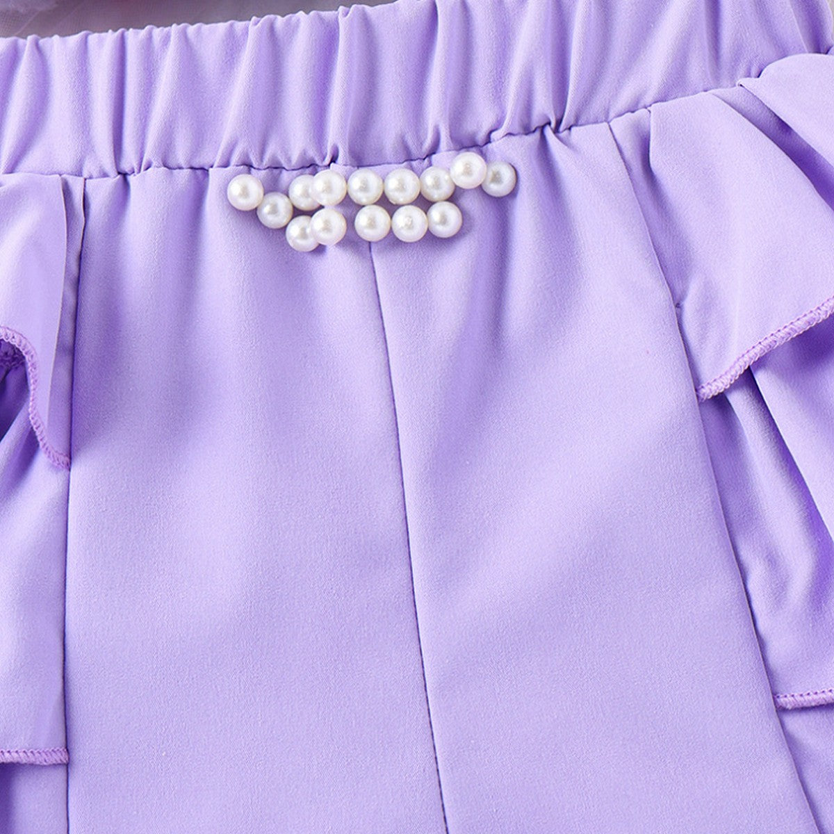 4-7 Yaş Kız Çocuk Lila İnci Detaylı Yazlık Takım | Fırfırlı Crop Şort