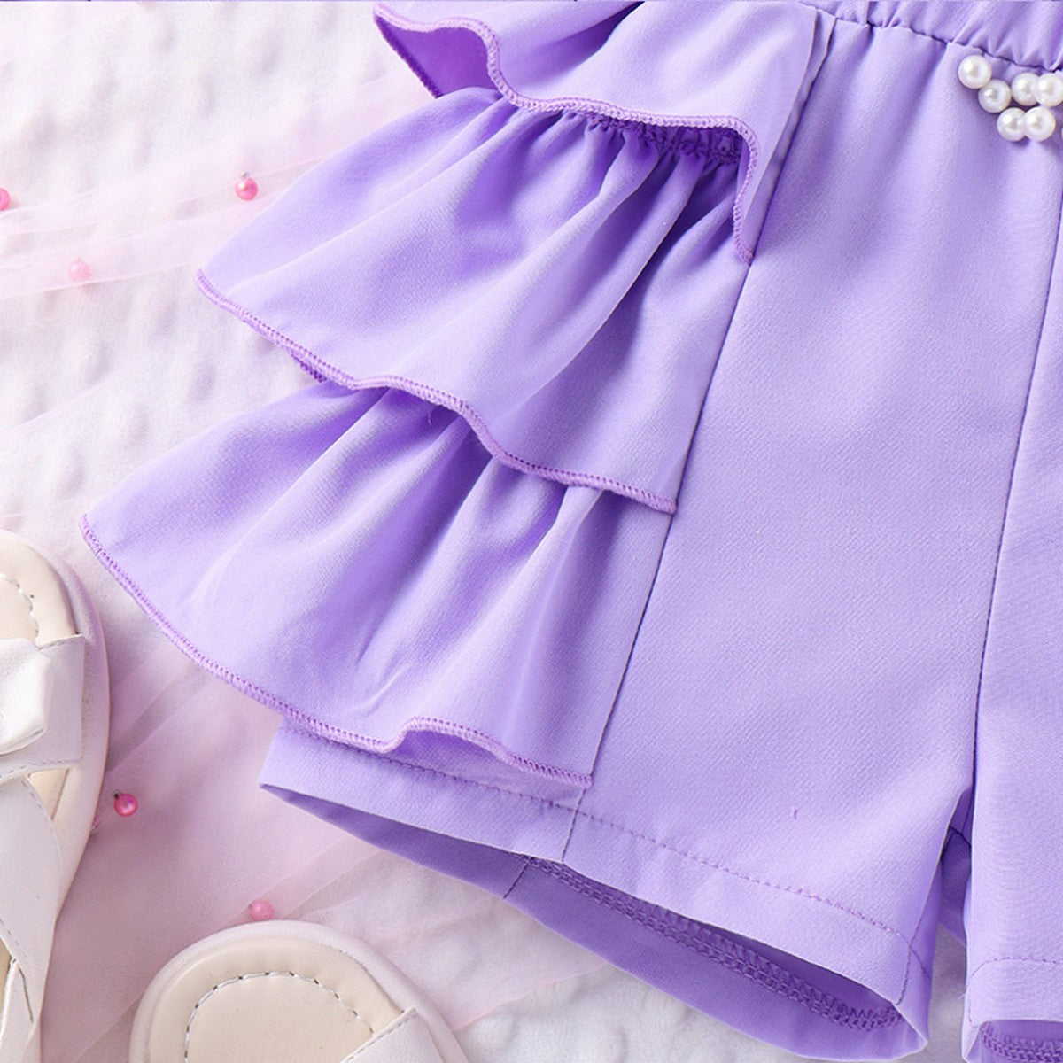 4-7 Yaş Kız Çocuk Lila İnci Detaylı Yazlık Takım | Fırfırlı Crop Şort